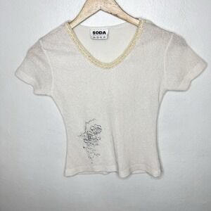 Sheer Y2K Glitter Rose T-Shirt White Cream Soda Brand Baby Tee Embroidered‎ Top